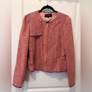 Escada Pink Tweed Zip-Front Jacket with Purple Fringe Cotton-Viscose-Linen